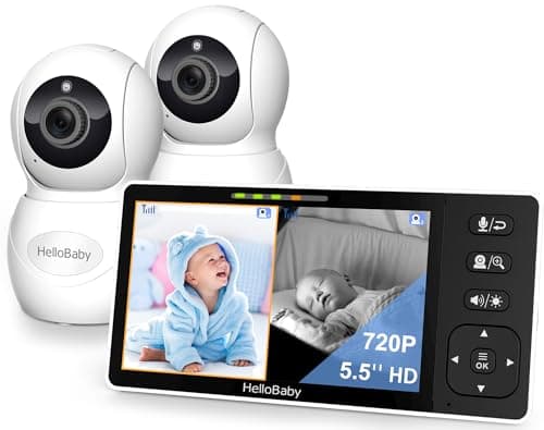 HelloBaby 720P 5.5" HD Baby Monitor 2 Cameras and Audio, No WiFi Split Screen, Dual 1080P Cameras Remote Pan Tilt Zoom, Wide View Range, Night Light, 4000mAh Battery, 2 Way Talk, Time&Clock