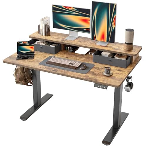 TIQLAB Standing Desk with Two Drawers, Stand Up Standing Desk Adjustable Height, Electric Sit Stand Table with Storage Shelf and Splice Board, 55 * 24 inch, Rustic Brown