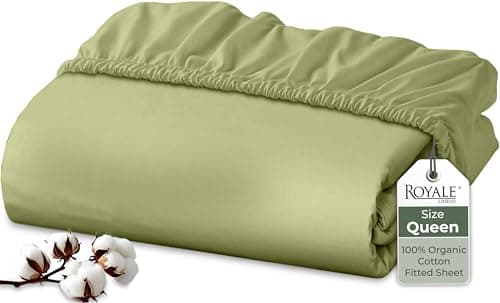 Royale Linens 100% Organic Cotton Fitted Sheet - Percale Weave - Super Soft Deep Pocket Bottom Sheets - Sage Green Elastic Sheet Queen Size - Queen Fitted Sheets Only - (60"x80"+15", Sage Green)