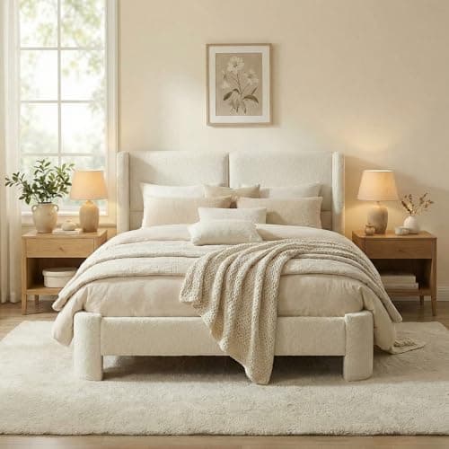 LIKIMIO Full Bed Frame with Headboard, Upholstered Boucle Platform Bed with USB Ports, Base Camas Full No Box Spring Needed, Cream White