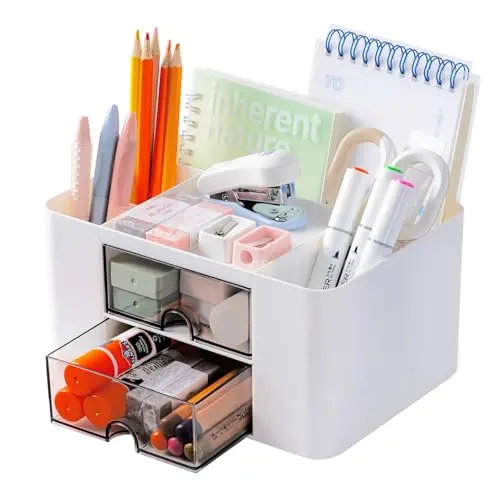 Moikiwi Desk Organizer with 2 Drawers, Pencil Pen Holder for Desk, Cute Desk Accessories with Plastic, Office Supplies for Countop, White