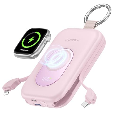 RORRY Portable Charger, 20000mAh PD 30W Portable Charger Power Bank with 2 Built-in Cables, Super Fast Charging Battery Pack with Keychain, Travel Essentials for iPhone, Apple Watch, iPad, Pink