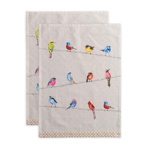 Maison d' Hermine Kitchen Towels Set of 2 100% Cotton 27.50" x 20" Reusable Cloth Tea Dish Towels Absorbent with Hanging Loop for Kitchen, Dining, Cocktail Parties Spring/Summer (Birdies on Wire)