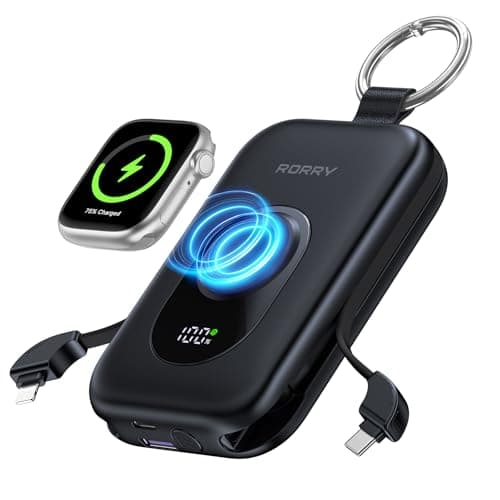 RORRY Portable Charger, 20000mAh PD 30W Portable Charger Power Bank with 2 Built-in Cables, Super Fast Charging Battery Pack with Keychain, Travel Essentials for iPhone, Apple Watch, iPad, Black