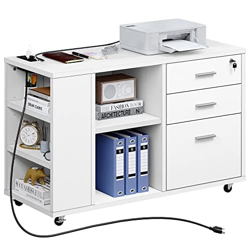YITAHOME File Cabinet with Charging Station, Mobile Lateral Filing Cabinet with Lock for Home Office, Printer Stand with Open Storage Shelf,White