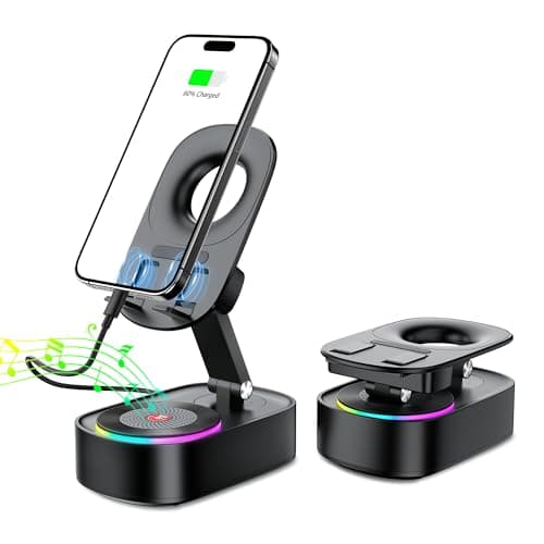 Wireless Induction Speaker,Cell Phone Stand with Wireless Bluetooth Speaker,5 in1 iPhone Holder with Colorful Light,Emergency Rechargeable Stand for Tablet iPhone Android Phone, Gifts for Men Women
