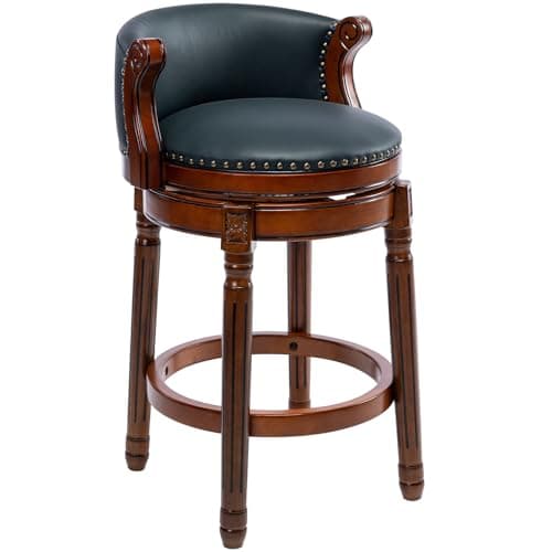RAINMOOD Bar Stool, Mid-Century Modern Style Swivel Bar Stools with Leather Seat and Wooden Legs, Counter Chair for Kitchen Dining Room (Navy Blue, Counter Chair-Seat Height 26)