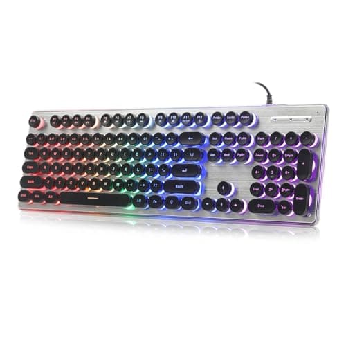ANSWK Typewriter Style Keyboard with Metal Panel, Rainbow LED Backlit, Round Keys, Anti-ghosting, Spill Resistant, Light Up USB Wired Retro 104 Keys for Office,Gaming, Black/Silver