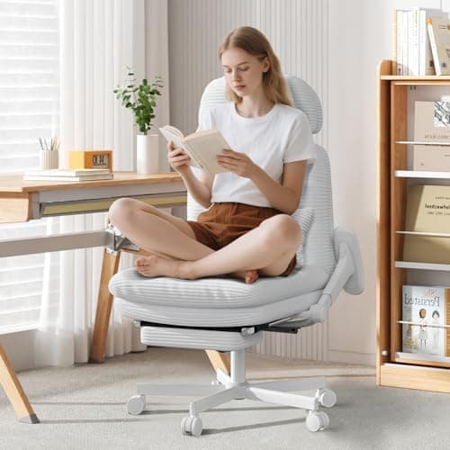 GXJ Criss Cross Chair with Wheels & Flip-up Arms, Executive Office Chair with Foot Rest, Swivel Cross Legged Office Chair with Lumbar Pillow, Corduroy Comfy Computer Desk Chair for Home, White