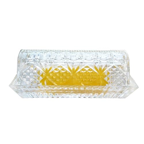 QFkris Glass Butter Dish with Lid for Countertop, 7 inches Clear Crystal Butter Holder with Cover, Butter Keeper Container for Kitchen Refrigerator,Dishwasher Safe