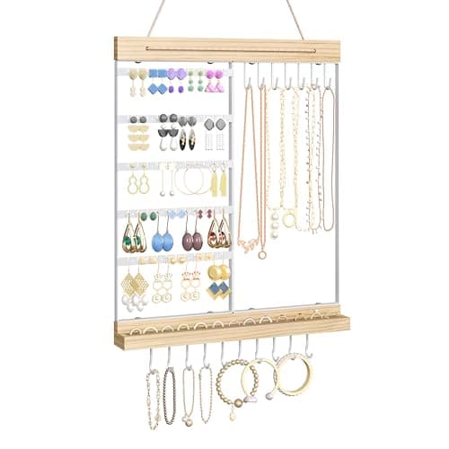Feyejade Hanging Jewelry Organizer and Storage, 5-Tier White Earring Necklace Holder Jewelry Display Organizer Stand Rack, Wall Mounted for Earrings Necklaces Bracelets and Rings, White