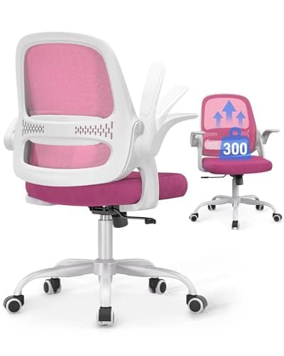 Ergonomic Mesh Office Chair for Home Office, Flip-Up Arms, Breathable Mesh Back & Thick Seat Cushion, Swivel Rolling Computer Desk Chair – BIFMA Certified, Supports 300 lbs (White Frame/Pink Seat)