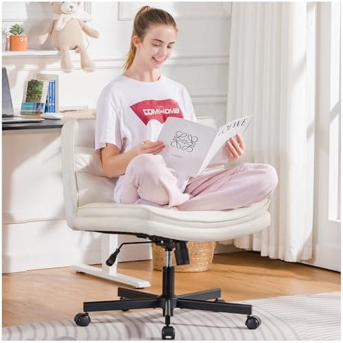 COMHOMA Cross Legged Office Chair with Wheels Armless Office Desk Chair, Modern Vanity Computer Task Chairs for Home Bedroom, Comfortable Wide Seat for Lower Back Pain Relief, PU Leahter, Beige