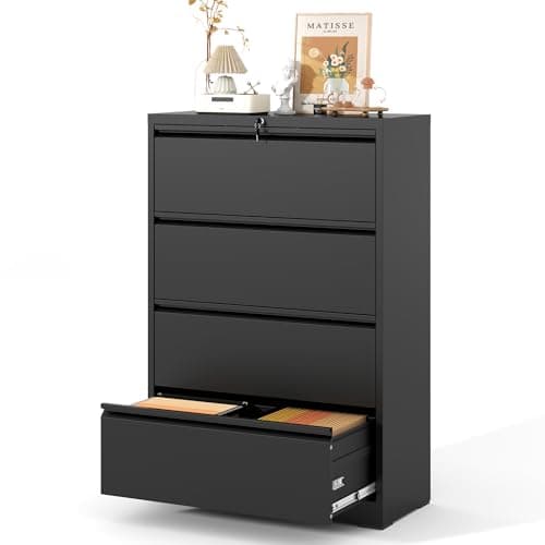 EKJ 4 Drawer Lateral File Cabinet with Lock, Metal Lateral Filing Cabinet for Home Office, Steel Wide Horizontal Filing Cabinets for Letter/Legal/A4/F4 Hanging Files (Black)