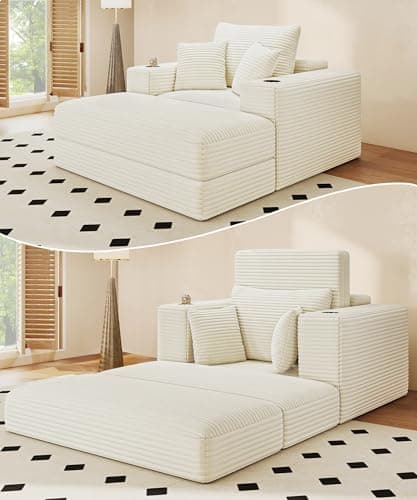 Busaurus 62" Oversized Chaise Lounge Chair Indoor, Fluffy Corduroy Upholstered Boneless Couch, Convertible Sleeper Sofa Bed & Reading Chair, Cloud Sofa Couches for Living Room, No Assembly, Beige