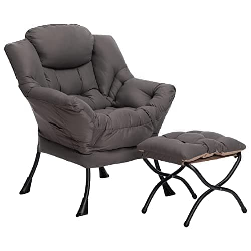 HollyHOME Lazy Chair with Foldable Ottoman, Accent Comfy Lounge Armchair and Folding Footrest Stool, Leisure Sofa Reading Chair and Footstool for Living Room, Bedroom, Dorm,Dark Grey