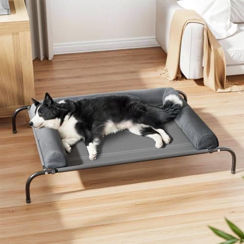 WESTERN HOME WH Elevated Dog Bed Cot, Raised Outdoor Dog Bed with Bolster for Large Dogs, Slightly Chew Proof Portable Cooling Pet Cot with Breathable Mesh, Skid-Resistant Feet, Grey, 43 inches