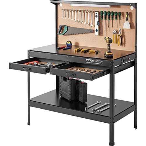 VEVOR Workbench, A3 Steel Workbenches for Garage max 1500W, Heavy Duty Work Bench with 220lbs Load Capacity, Hardwood Workbench with 1.5m Cable 4xAC outlets 2xUSB Ports