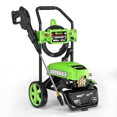 GREENER Electric Pressure Washer, 3800 Max PSI and 2.4 Max GPM, Onboard Soap Tank, Spray Gun and Wand, 5 Nozzle Set, for Cars/Fences/Driveways/Homes/Patios/Furniture-Green