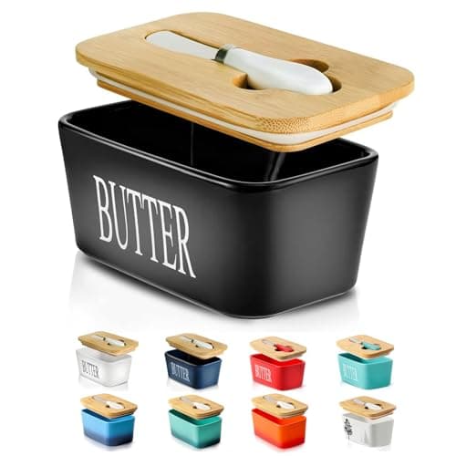 Hasense Butter Dish with Lid, Ceramic Butter Dish with Knife for Countertop, Airtight Covered Butter Keeper Container, Large Black Butter Holder for Refrigerator,Black