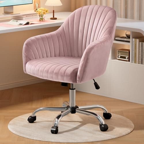 Warmiehomy Desk Chair, Velvet Office Chair for Home Office, Comfy Vanity Chair, Girl Cute Makeup Chair with Arm Rest for Bedroom Dressing Room, Pink
