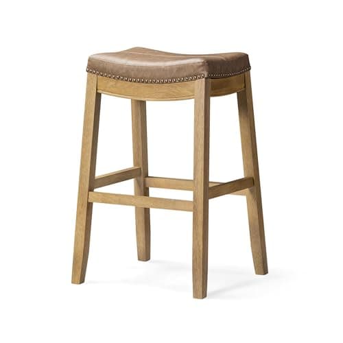 Maven Lane Sophia Backless Bar Stool 31 Inches – Saddle Stool with Footrest – Natural Solid Wood and Natural Faux Leather Upholstery – Ideal for Bars, Pub Tables & Tall Kitchen Counters