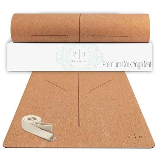 Natural Cork Yoga Mat – Lightweight & Non-Slip – Non-Toxic Cork, Sustainable – 5mm Thick for Superior Grip & Comfort – Yoga Mat With Strap and Alignment Lines for Guidance – Ideal for Hot Yoga & Fitness