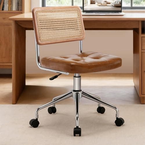 Zesthouse Mid Century Home Office Chair Leather Desk Chair with Rattan Back, Vanity Chair for Girls Women, Upholstered Swivel Chair, Adjustable Height Computer Task Chair
