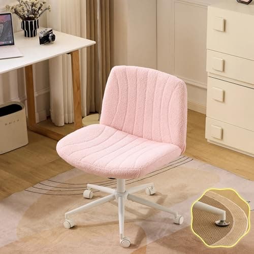 VINGLI Criss Cross Legged Chair,Wide Comfy Office Desk Chair,Dual-Use with/no Wheels Computer Task Chair,Swivel Armless Vanity Boucle Chair for Study,Make Up,Home Office,Teddy Fleece,Pink