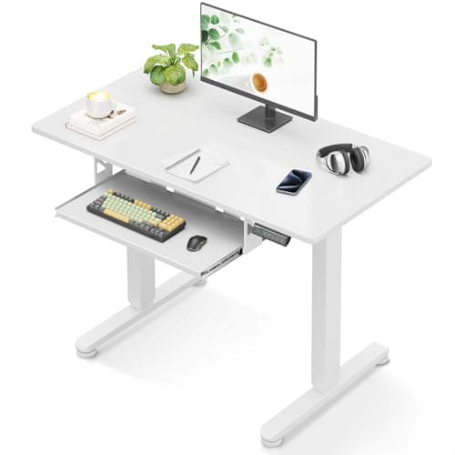 Casaottima Electric Standing Desk with Keyboard Tray, 35 Inch Height Adjustable Small Table, Sit Stand Table, Writing Computer Desk for Home, Office, Workstation, White