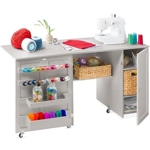 Best Choice Products Large Folding Sewing Table, Multipurpose Portable Craft Station & Side Desk w/Compact Design, Caster Wheels, Storage Shelves, 2 Storage Trays, Magnetic Doors - Gray