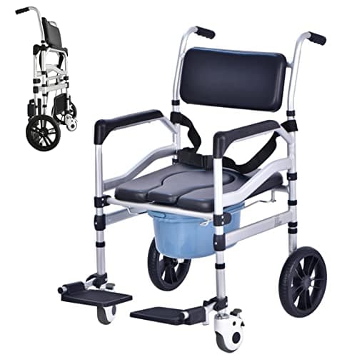 Qyrztaon Shower Chair with Wheels Aluminum Alloy 4 in 1 Foldable Height Adjustable Shower Wheelchair, Sturdy Rolling Shower Chair with Large Commode for Seniors, Black