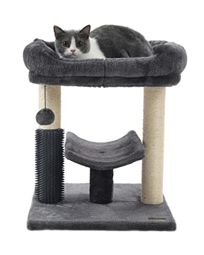 Hoopet 20-Inch Cat Tree Tower, Small Cat Scratching Post for Indoor Cats and Kittens, Sisal Cat Scratcher with Plush Bed Perch, Self Groomer and Hanging Toy Ball, Smoky Grey
