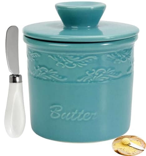 TAOUNOA Butter Crock - French Butter Keeper Dish with Lid for Countertop, Ceramic Crock with Water Covered Keeper Holder for Kitchen, Blue