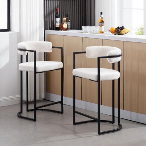 ZSARTS White Boucle Counter Height Bar Stools Set of 2, Modern 26 Inch Barrel Barstools with Back Upholstered Kitchen Island Chairs with Black Footrest for Home Bar Dining Room Pub,White