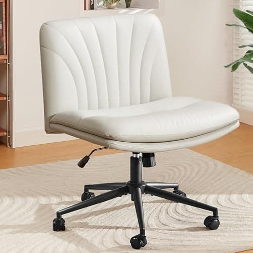 Totnz Criss Cross Chair with Wheels, PU Leather Cross Legged Office Chair Wide Armless Desk Chair, Adjustable Swivel Armless Office Chair for Home Office Vanity