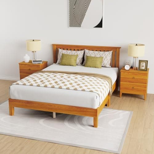 PayLessHere Wood Bed Frame Queen Size Solid Wood Platform Bed Frame with Headboard Wood Slats Support No Box Spring Needed Easy Assembly,Brown