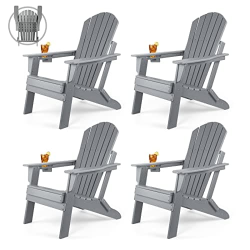 FUNBERRY Folding Adirondack Chair Set of 4, HDPE All Weather Fire Pit Chairs with Cup Holder for Outdoor