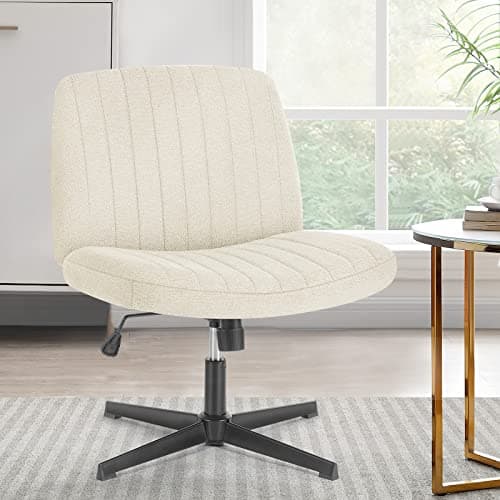 Sweetcrispy Criss Cross Chair Legged, Armless Office Wide Desk Chair No Wheels, Swivel Vanity Height Adjustable Fabric Modern Computer Task Seating for Home - Pearl White