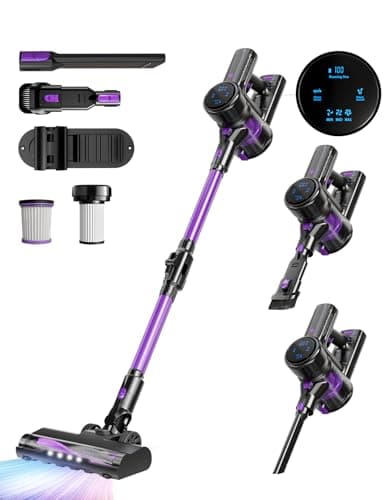Cordless Vacuum Cleaner, 28KPA Suction Stick Vacuum with LED Headlight, 3 Modes 6-in-1 Lightweight Cordless Vacuum with 40Mins Detachable Battery Vacuum Cleaners for Home Hard Floor Carpet (Purple)
