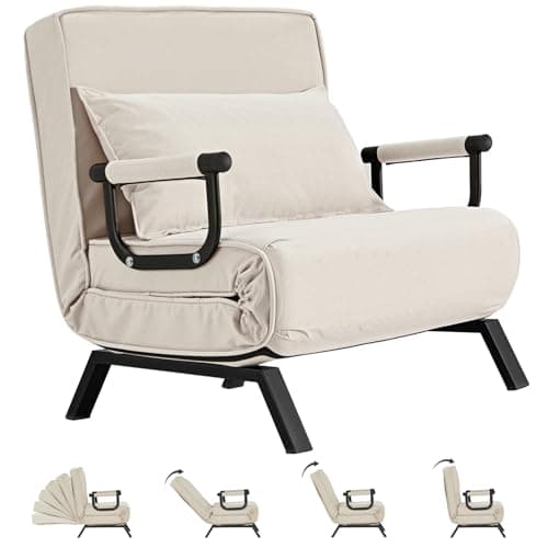 Hupmad Convertible Bed Sleeper Chair,Tri-fold Upholstered Armchair Sleeper with Pillow,Folding Leisure Chaise Lounge Couch,6 Angle Adjustable Backrest Single Lazy Bed for Office (Beige, Regular)