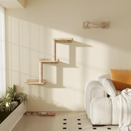 Cat Wall Shelves, Wooden Cat Wall Furniture with Condo, Scratching Post with 3 Steps, Hammock, Wall-Mounted Furniture for Kittens