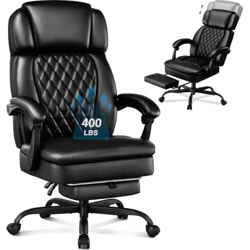 400lbs Executive Office Chair with Foot Rest for Heavy People, Ergonomic Big and Tall Desk Chair with Adjustable Headrest, High Back PU Leather Comfy Heavy Duty Computer Chair with Spring Cushion