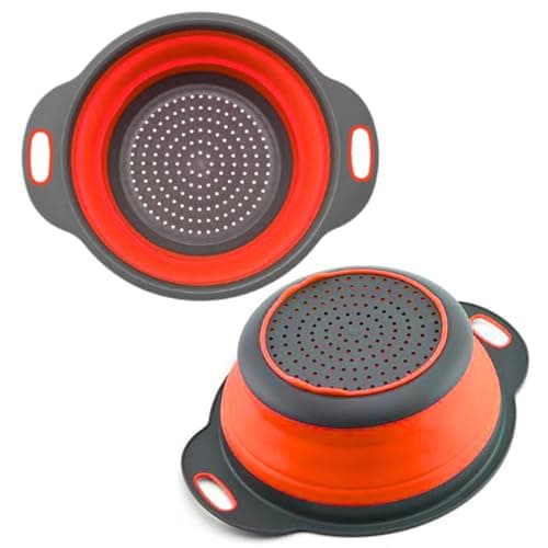 Round Collapsible Colander with Plastic Handles Round Silicone Kitchen Strainers Foldable Kitchen Strainer Perfect for Draining Pasta Vegetable and Fruit Red