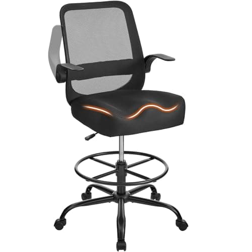 KWKSV Drafting Chair for Standing Desks, 500LBS Capacity Tall Office Chair with Adjustable Height, Foot Ring, Flip-Up Armrests, Thick Curved Seat for Home Office, Drawing, and Creative Work