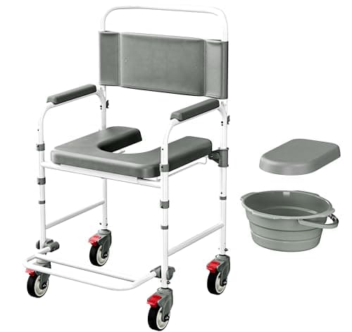 Littneo Bedside Commode with Wheels, Shower Wheelchair with 300 LBS Weight Capacity, Portable Toilet with Bucket for Elderly and Disabled