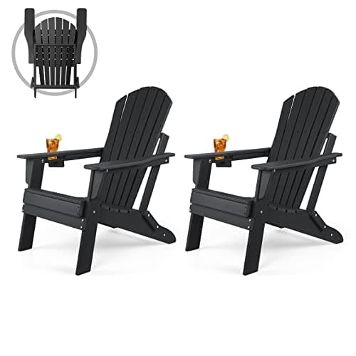 FUNBERRY Folding Adirondack Chair Set of 2, HDPE All Weather Fire Pit Chairs with Cup Holder for Outdoor