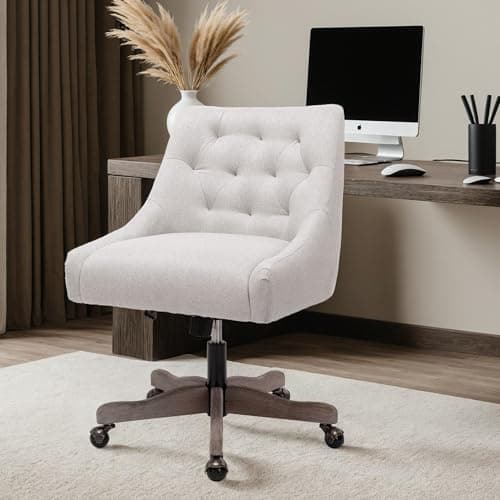 Swivel Home Office Chair, Modern Fabric Upholstered Tufted Accent Computer Desk Chairs with Ergonomic Wide Backrest and Wooden Legs, Height Adjustable Swivel Vanity Seat for Office, Beige