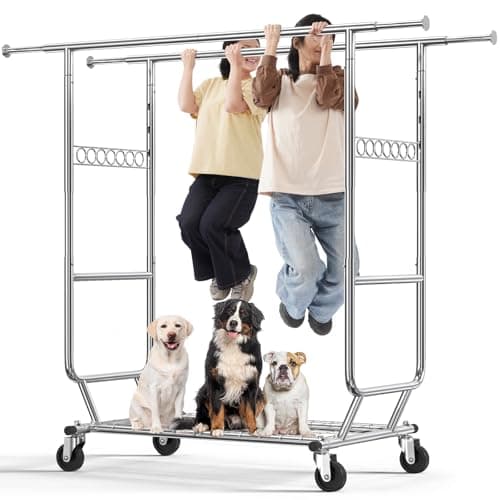 HOKEEPER Clothes Rack Heavy Duty Clothing Rack Load 650 LBS Collapsible Garment Rack with Wheels Double Rod Clothes Rack for Hanging Clothes Commercial Portable Closet Rack with Shelves 22"D*75"W*68"H