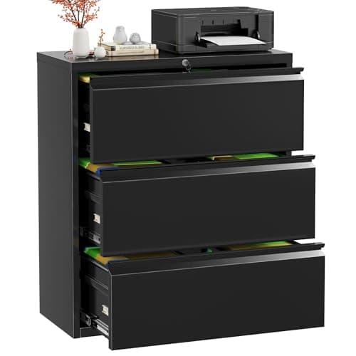 INTERGREAT Black Lateral File Cabinet with Lock, 3 Drawer Lateral Filing Cabinet for Legal/Letter A4 Size, Metal Steel Locking Wide File Cabinet for Home Office